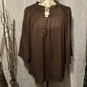 Investments smocked 3/4 sleeve Y-neck partial button front top